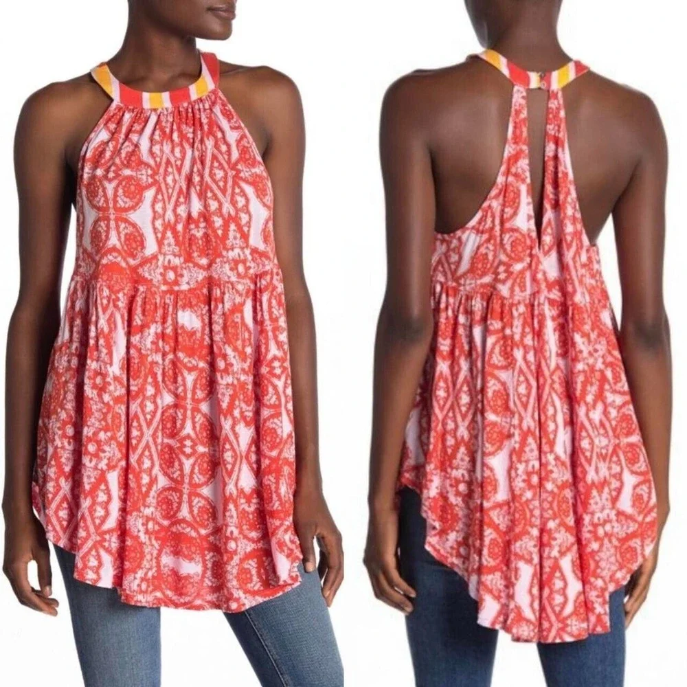 Free People Size XS‎ Mimi Sleeveless Tunic Orange White Halter